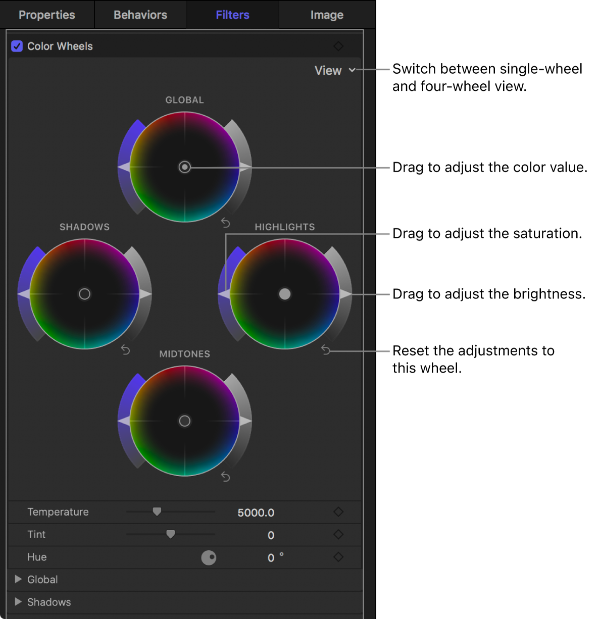 Color Wheels controls in the Filters Inspector