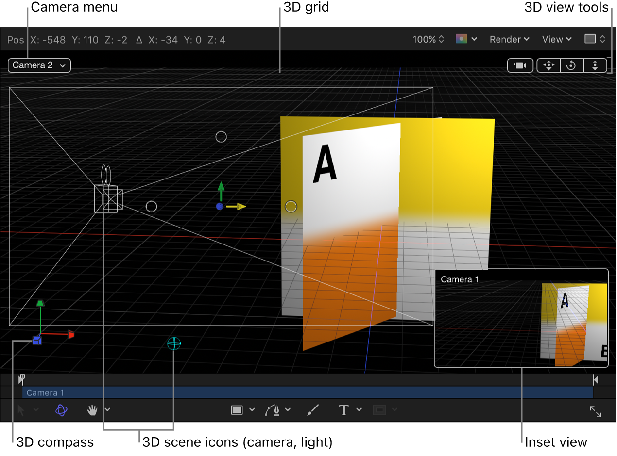 Lienzo y los controles 3D: Menú desplegable Cámara, herramientas de visualización 3D, iconos de escena 3D, cuadrícula 3D, brújula 3D y recuadro de visualización