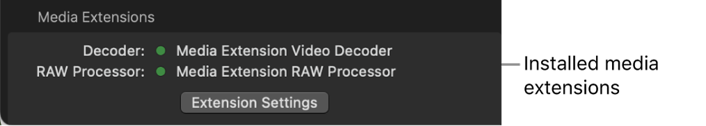 Inspector de contenido con las extensiones multimedia Descodificador y “Procesador de RAW” instaladas