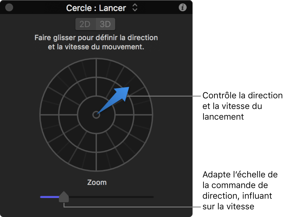 Palette affichant les commandes du comportement Lancer en mode 2D