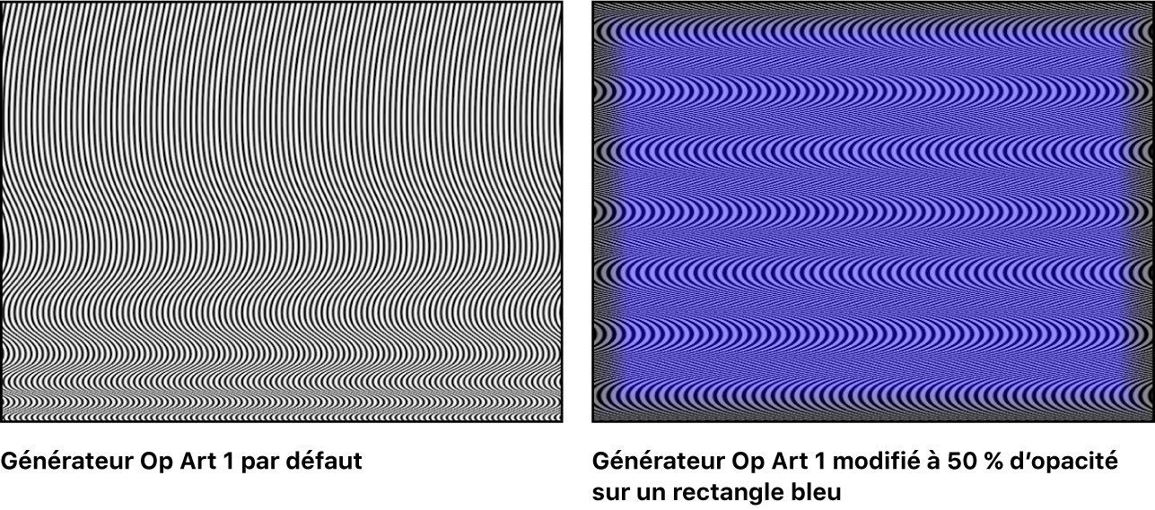 Canevas affichant le générateur Op Art 1, seul et combiné avec un rectangle bleu