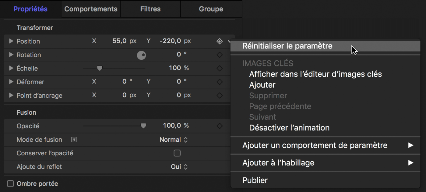 Option Réinitialiser le paramètre du menu Animation