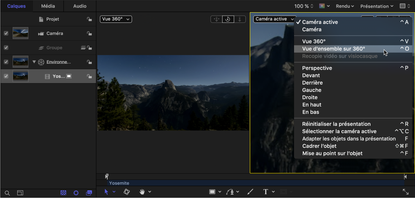 Sélection de l’option « Vue d’ensemble sur 360° » dans le menu local Caméra dans le canevas