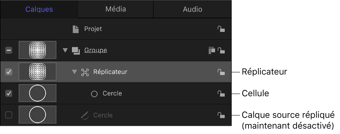 Liste Calques affichant un groupe qui contient un réplicateur, le calque source désactivé et les cellules du réplicateur