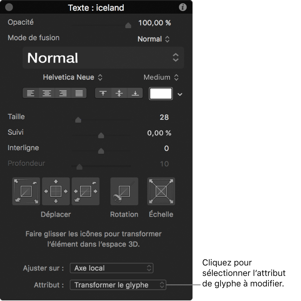 Palette Texte lorsque l’outil Transformer le glyphe est sélectionné