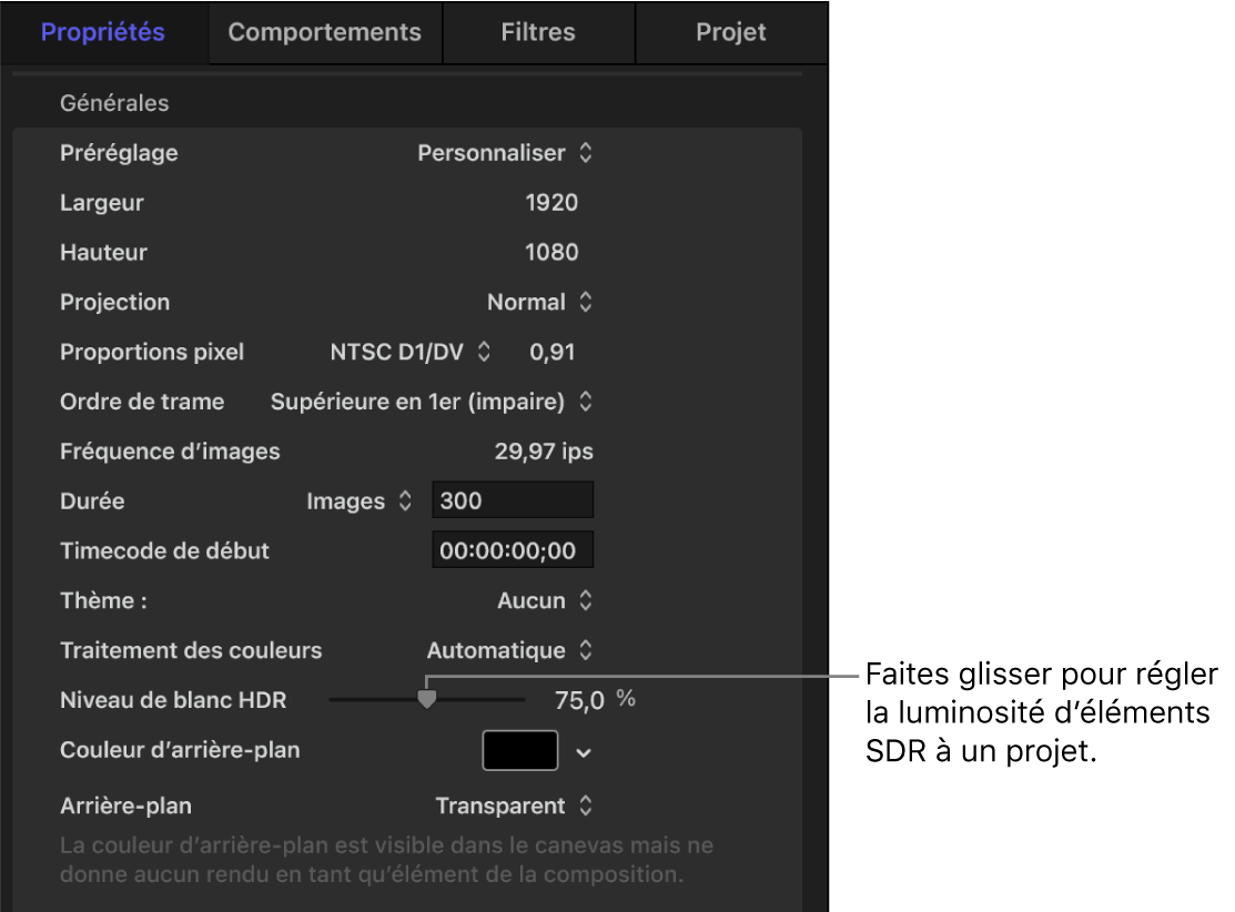 Inspecteur des propriétés du projet montrant la curseur « Niveau de blanc HDR ».