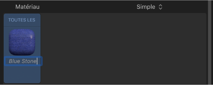 Nom d’un matériau en cours de modification dans l’inspecteur de texte 3D