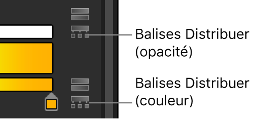 Éditeur de dégradé affichant les icônes Distribuer les balises pour l’opacité et la couleur