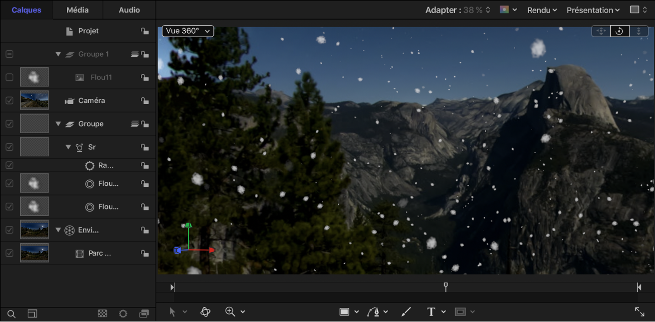 Particules de neige intégrées à la scène 360°