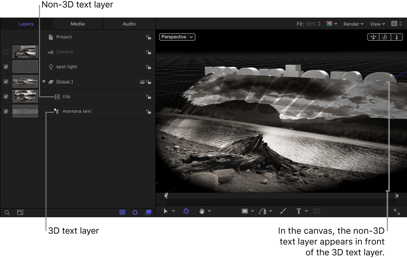 在层列表中 3D 文本层位于非 3D 文本层的下方；在画布中非 3D 文本层显示在 3D 文本层前面。