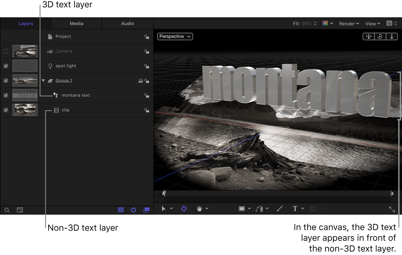 在层列表中 3D 文本层位于非 3D 文本层的上方；在画布中非 3D 文本层显示在 3D 文本层后面。