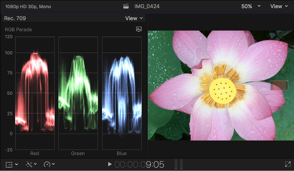 Der Waveform-Monitor „RGB-Parade“ links neben dem Viewer