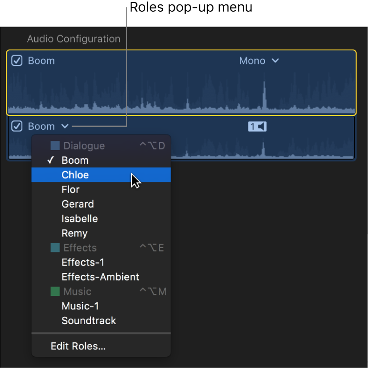 Einblendmenü „Rollen“ für eine Audiokomponente