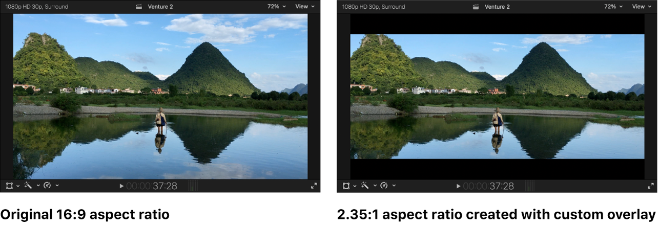 The viewer on the left showing a 16:9 aspect ratio, and the same project on the right with a custom overlay creating a letterbox matte effect and a 2.35:1 aspect ratio