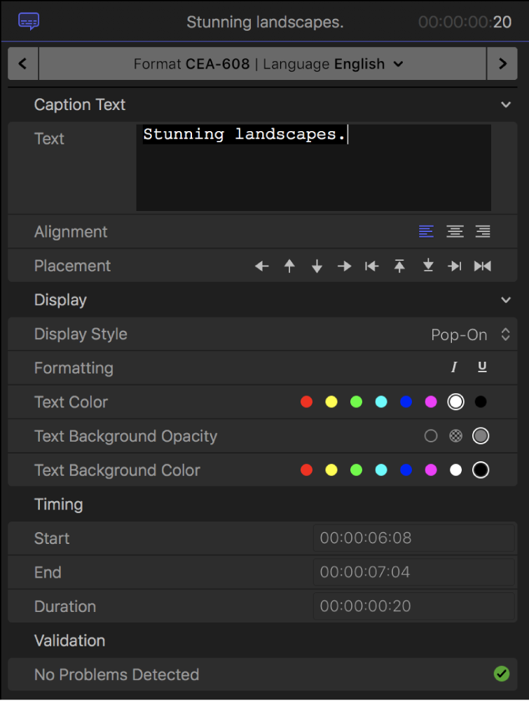 The Caption inspector showing caption text formatting controls for the CEA-608 format