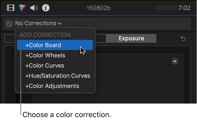 Opción “Tablero de colores” seleccionada en la sección “Añadir corrección” del menú desplegable de la parte superior del inspector de color