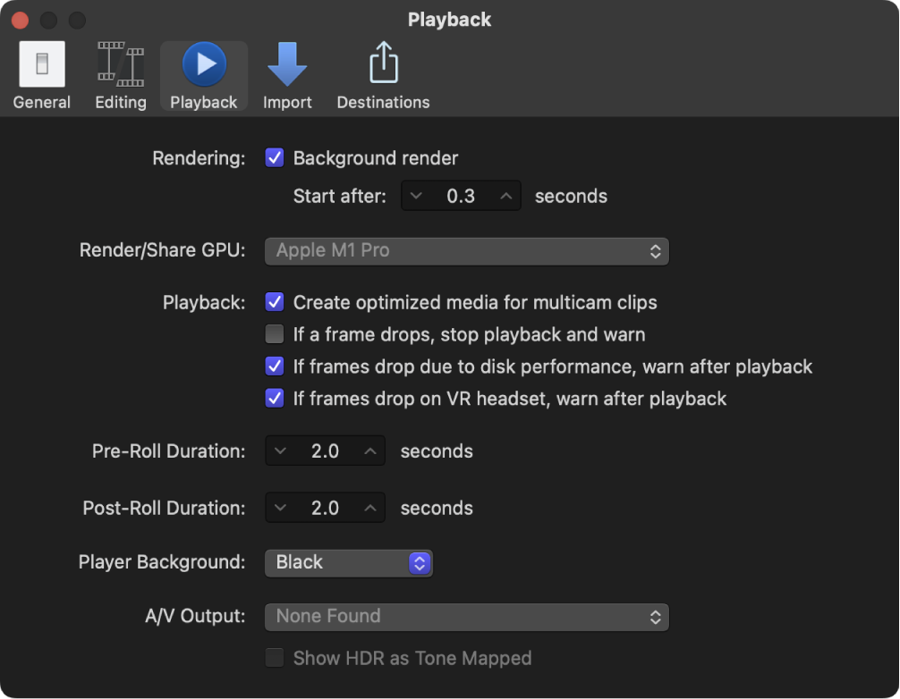 El panel Reproducción de la ventana Ajustes de Final Cut Pro