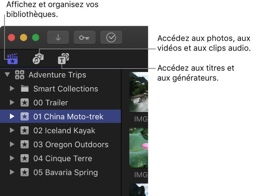 Les trois boutons dans le coin supérieur gauche de la fenêtre de Final Cut Pro permettant d’ouvrir les fenêtres de la barre latérale