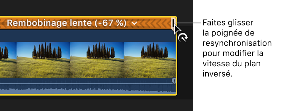 Glissement de la poignée de resynchronisation d’un plan inversé dans la timeline pour modifier la vitesse