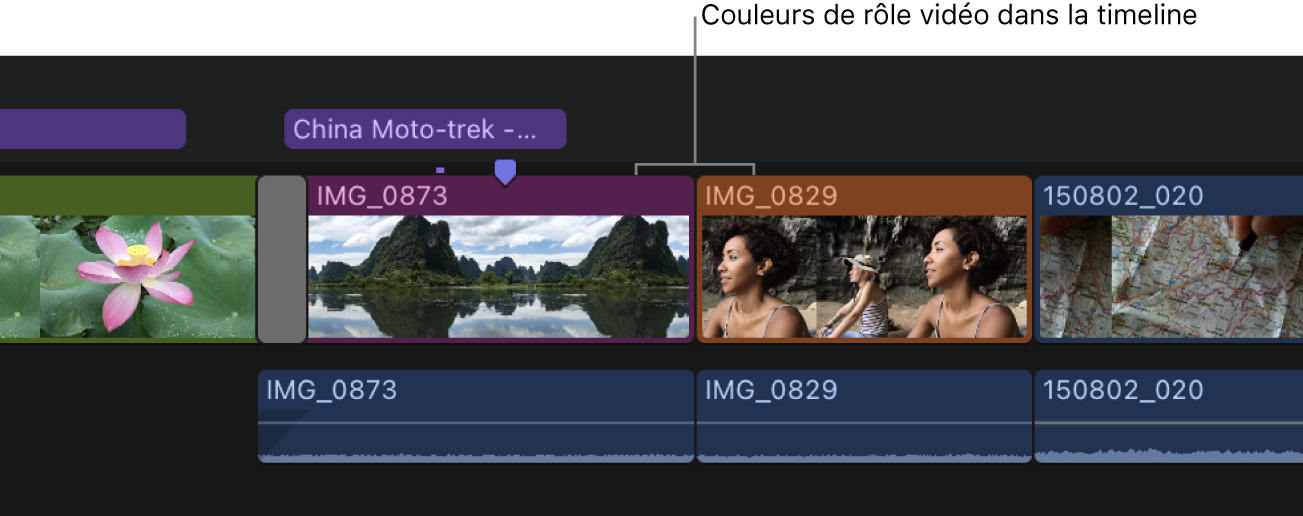 Couleurs des rôles vidéo affichées dans la timeline, avec les plans développés pour séparer la vidéo et l’audio