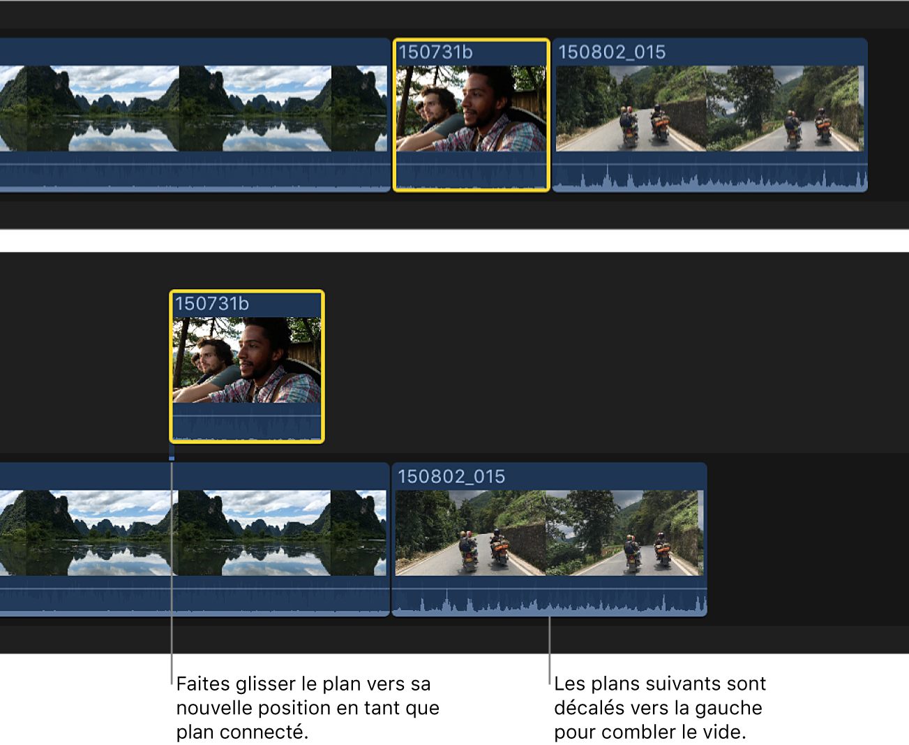 Glissement d’un plan du scénario principal vers une nouvelle position en tant que plan connecté dans la timeline, les plans suivants du scénario principal étant décalés vers la gauche pour combler le blanc