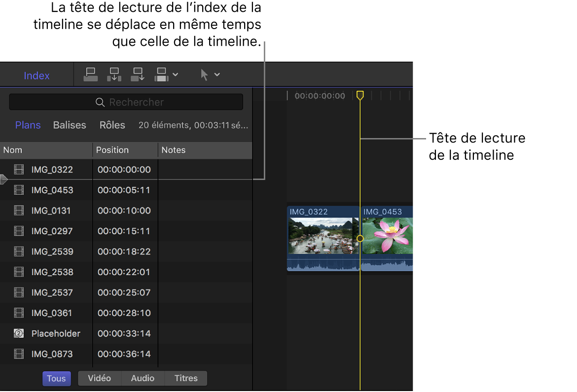 Têtes de lecture de l’index de la timeline et de la timeline