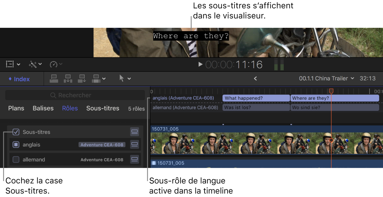 Case Sous-titres cochée dans l’index de la timeline et un sous-titre provenant du sous-rôle de langue actif affiché dans le visualiseur