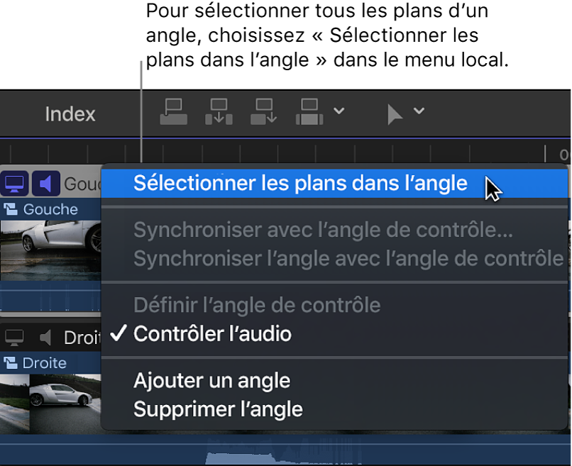 Options du menu local en regard du nom de l’angle dans l’éditeur d’angles