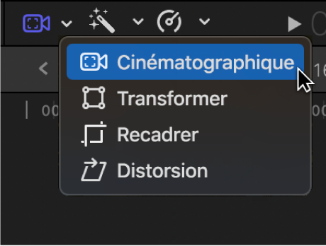 Élément de menu Cinématique permettant d’accéder aux commandes à l’écran