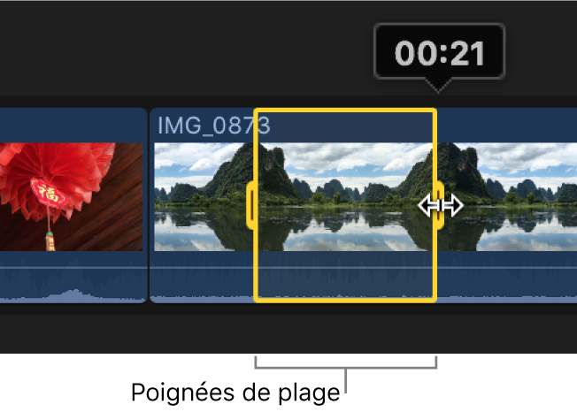 Plage de sélection dans la timeline avec une bordure jaune et des poignées de plage de chaque côté