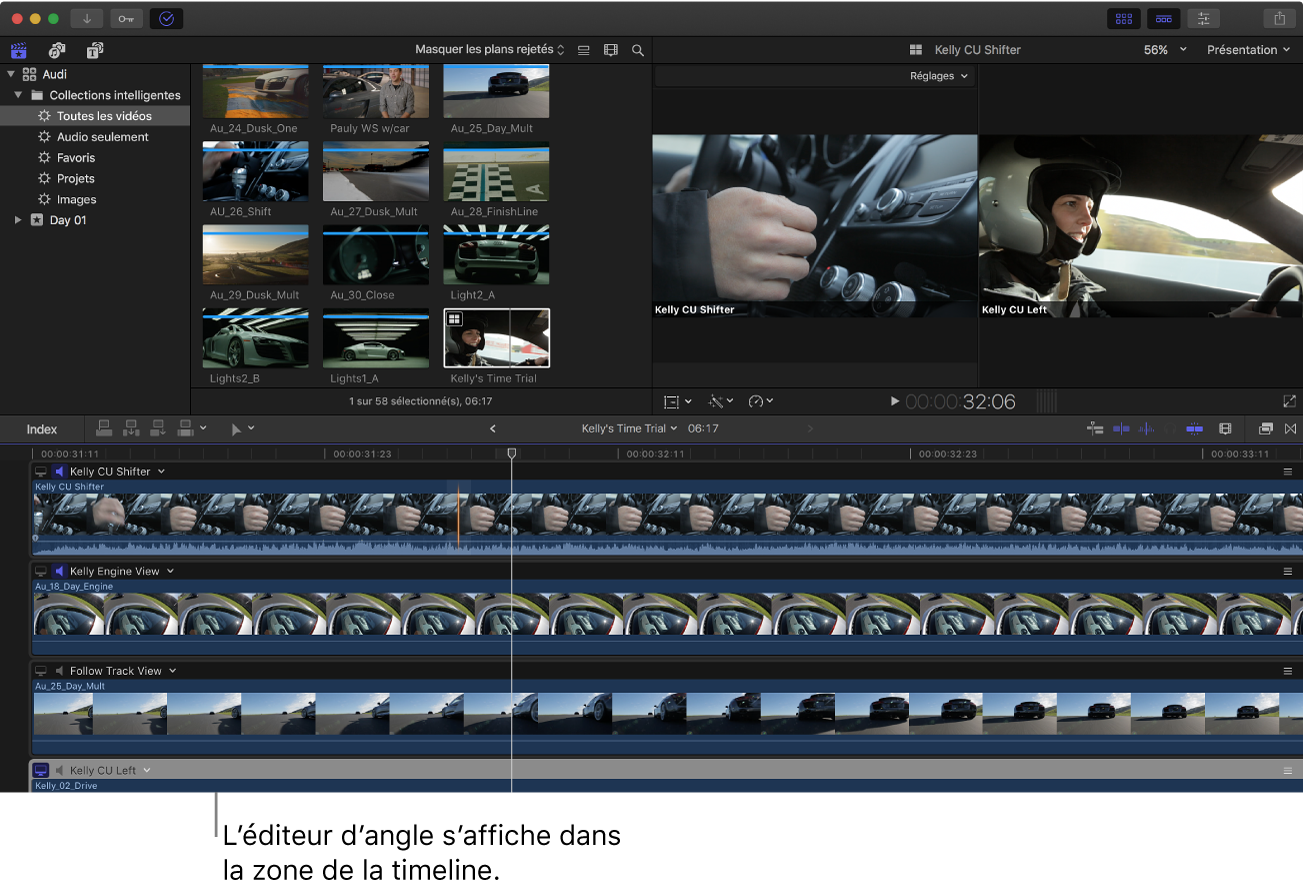 Fenêtre de Final Cut Pro avec l’éditeur d’angles affiché dans la zone de la timeline