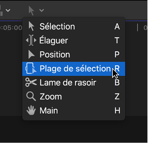 Outil Plage de sélection dans le menu local Outils