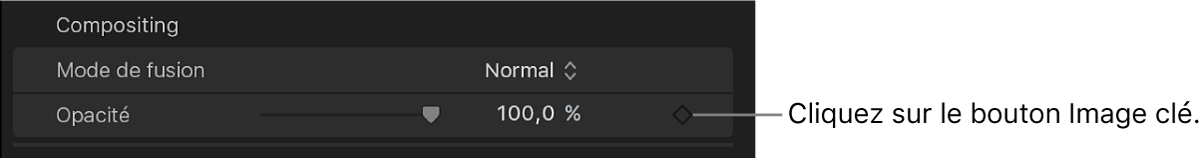 Bouton Image clé désactivé du paramètre Opacité dans l’inspecteur vidéo