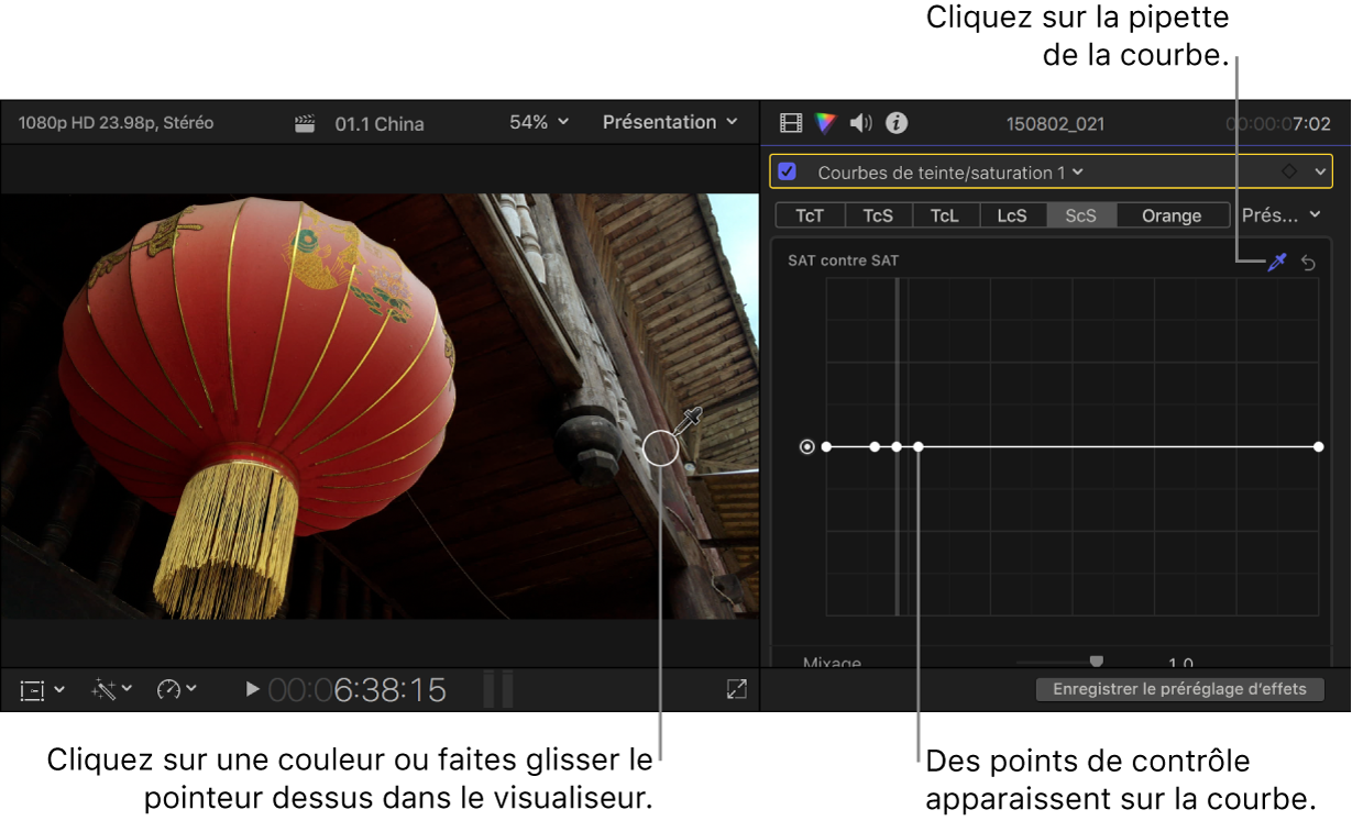 Pipette placée sur une couleur dans le visualiseur et inspecteur de couleur affichant les points contrôle sur la courbe Sat contre Sat