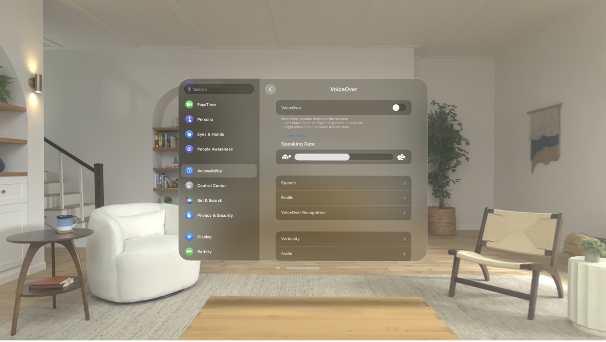 VoiceOver settings on Apple Vision Pro, showing settings for speaking rate, braille, verbosity, and more.