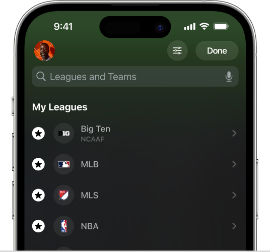 Apple Sports app teams and leagues screen