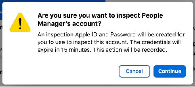 Alerte d’inspection montrant pendant combien de temps le compte avec compte Apple géré peut être inspecté.