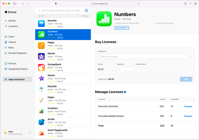 Tetingkap Apple School Manager menunjukkan App dan Buku yang dipilih dalam bar sisi di bawah Kandungan. Tetingkap yang dipilih ialah untuk membeli dan mengurus lesen untuk app Numbers.