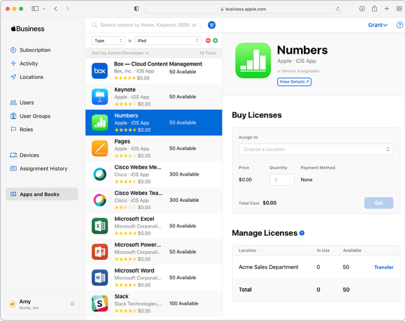 The Apple Business Manager window showing Apps and Books selected in the sidebar under Content. The pane selected is for buying and managing licences for the Numbers app.