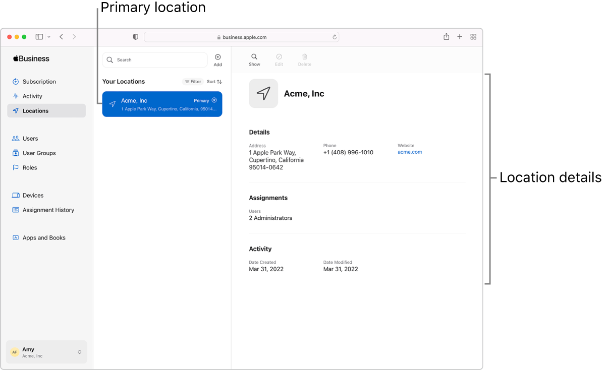 La ventana Sedes de Apple Business Manager, mostrando opciones de sede e información de la sede para una organización seleccionada.