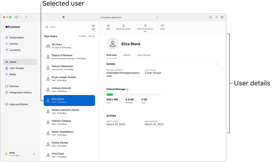 La finestra di Apple Business Manager in cui è stata selezionata la voce Utenti nella barra laterale. Dopo la selezione, vengono visualizzate le informazioni relative all’utente.