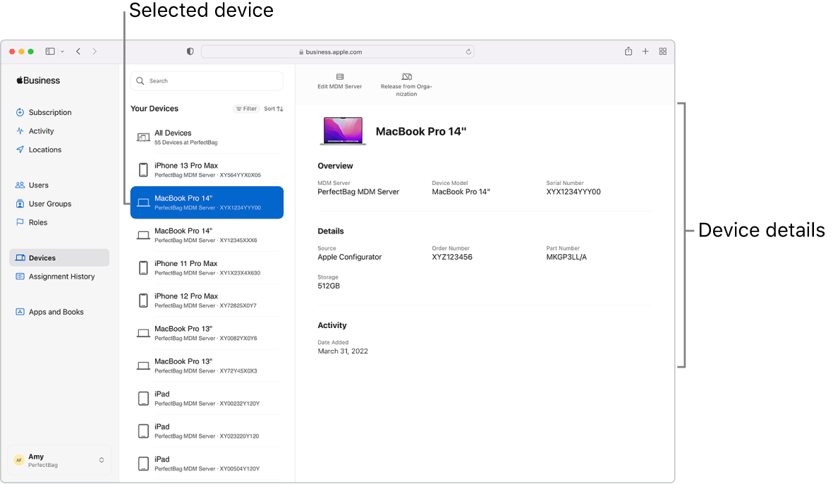 사이드바에 기기가 선택되어 있는 Apple Business Manager 창입니다. 선택한 기기에 대한 정보가 열립니다.