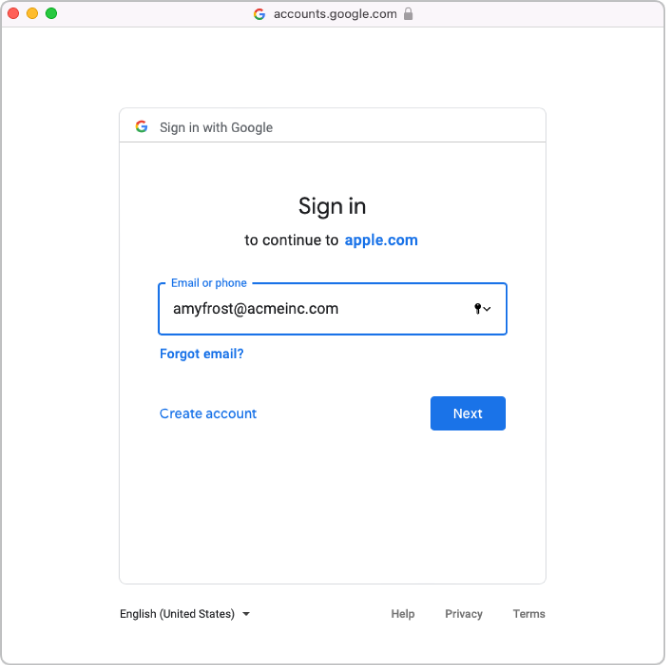 位於 Apple Business Manager 視窗上方的 Google Workspace 登入視窗。