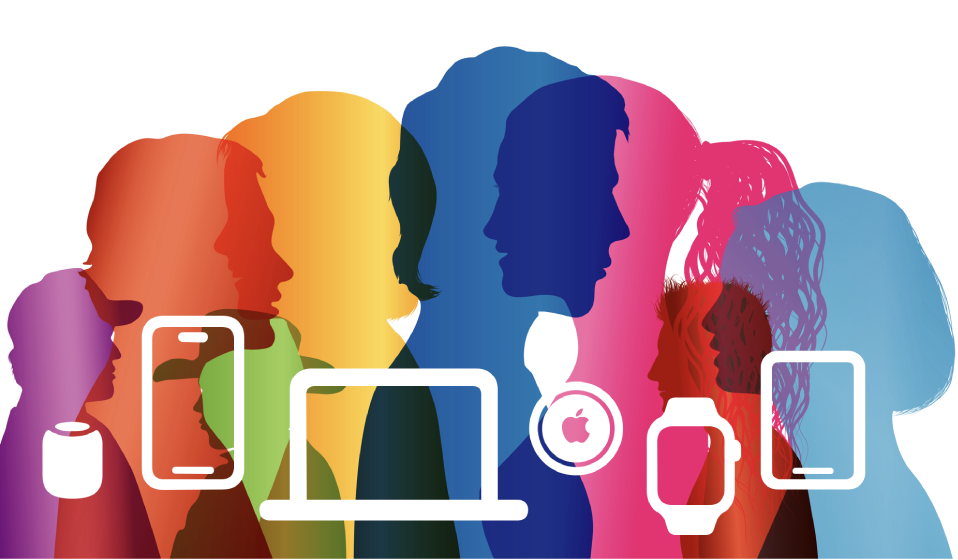 Colourful outlines of people and Apple devices.