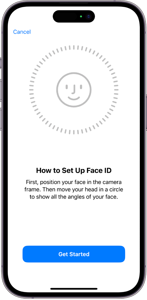 The Face ID recognition setup screen. A face is showing on the screen, enclosed in a circle. Text below that instructs the user to move their head slowly to complete the circle.