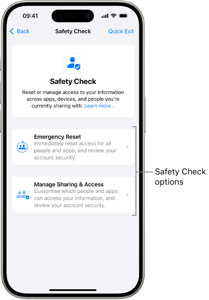 A screen showing the two options available with Safety Check: Emergency Reset and Manage Sharing & Access.