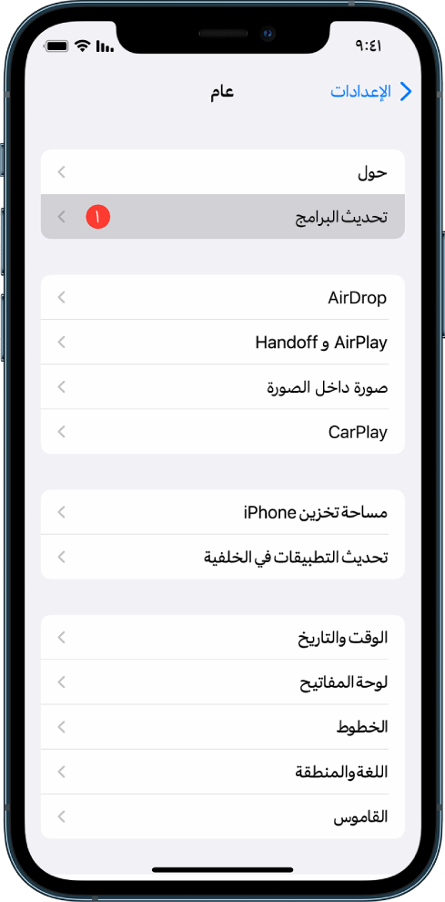 شاشة iPhone تعرض توفُّر تحديث للبرامج.