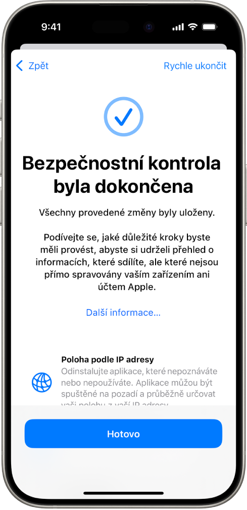 Obrazovka funkce Bezpečnostní kontrola informující o dokončení bezpečnostní kontroly