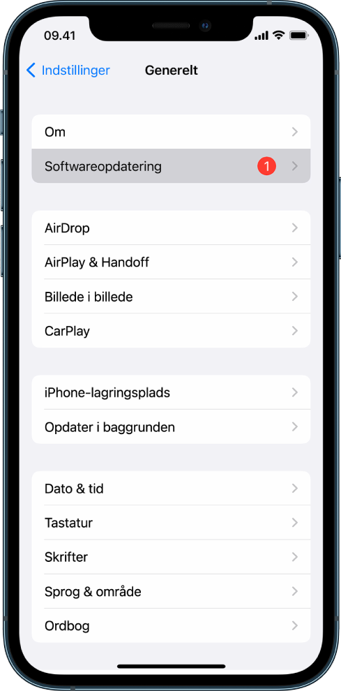 Skærmen på iPhone, der viser, at der er en tilgængelig softwareopdatering.