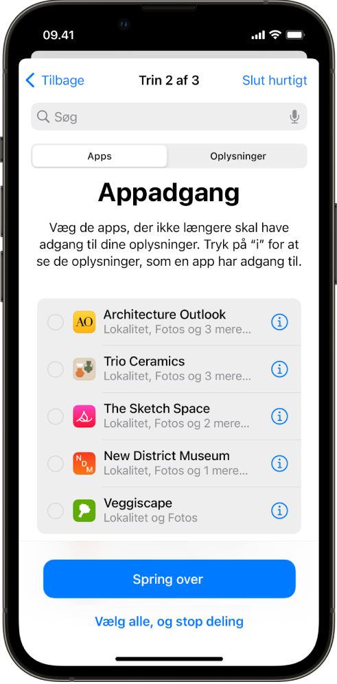 En skærm til Sikkerhedskontrol, som viser de oplysninger, der deles med specifikke apps.